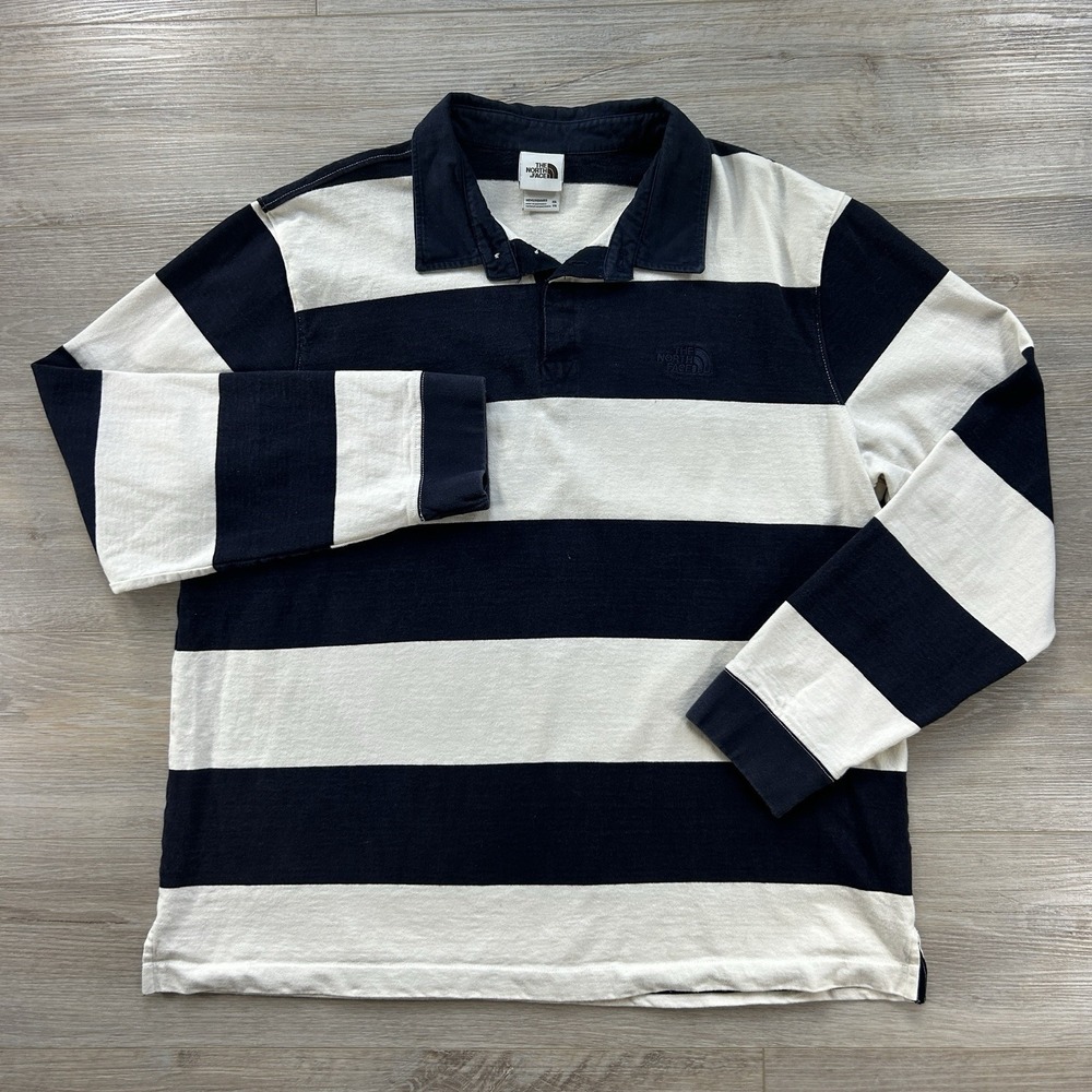 The North Face Rugby Polo Mens XXL Navy Ivory Striped Long Sleeve Cotton Shirt - Picture 2 of 12